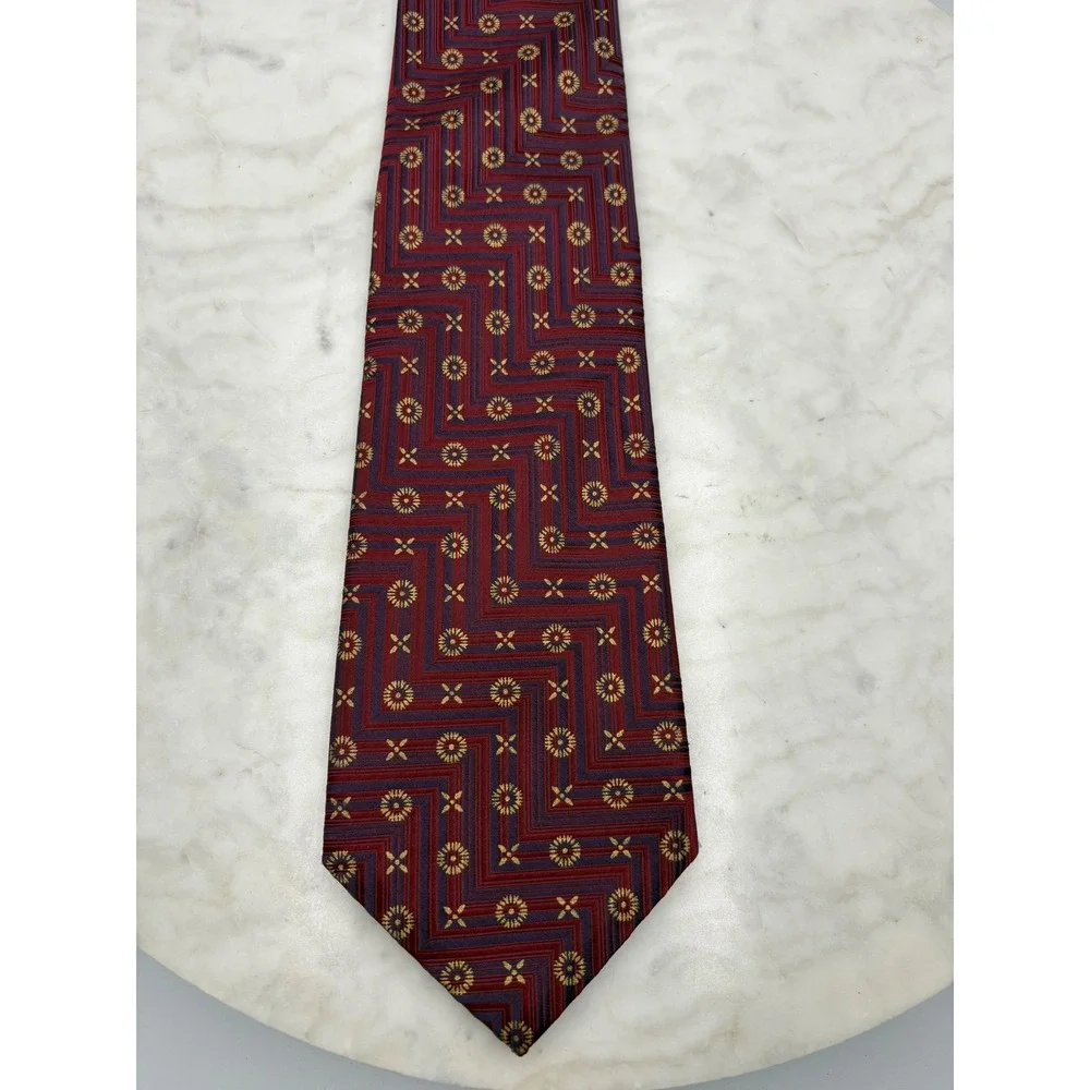 $250 Canali Men's Neck‎ Tie Silk Red Purple Geometric Pattern Italy 3.75